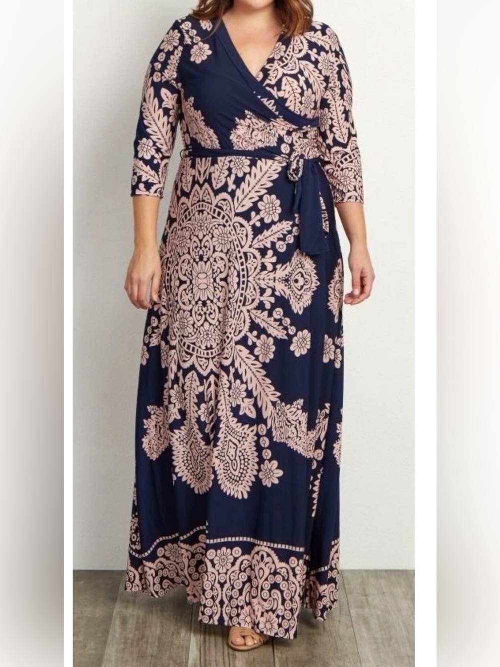 Pinkblush Sz 1X Navy and Blush Floral Wrap Front Maxi Dress